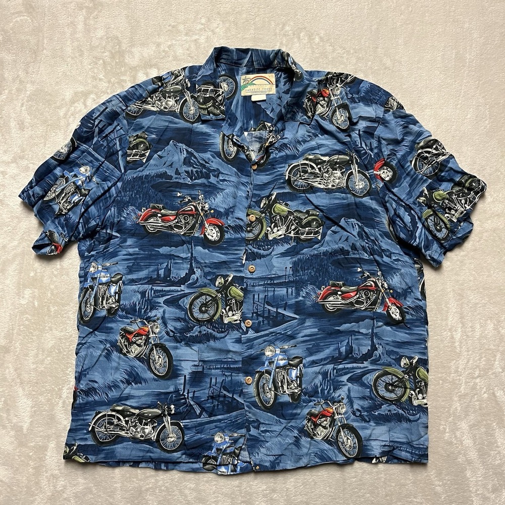 Paradise Found‎ Shirt Mens Large Blue Camp Hawaiian Aloha Motorcycle Print Rayon